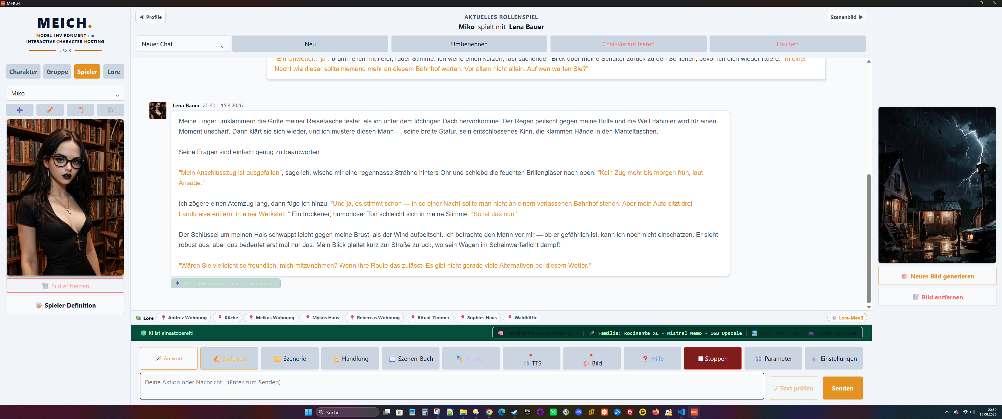 MEICH-Oberfläche im Hellmodus mit Profilen, Rollenspielchat, Lore-Leiste, Systemstatus und Szenenbild – Aufnahme aus Version 2.8.8